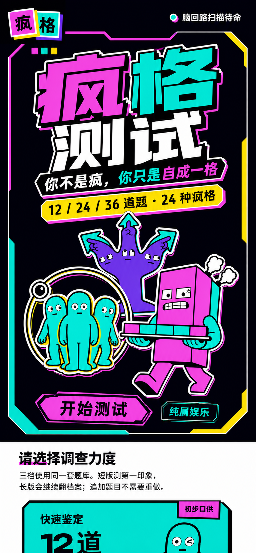 疯格测试:你不是疯,你只是自成一格。12、24、36 道题,24 种疯格,纯属娱乐。